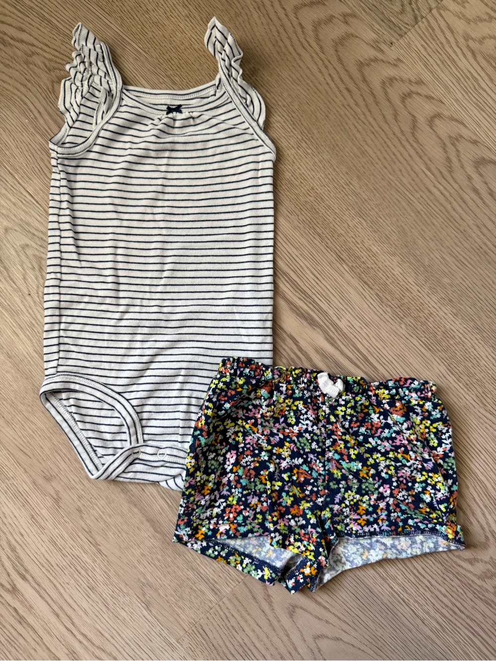Carter's Toddler Girl Navy & White Striped Ruffle Tank Onesie with Floral Shorts